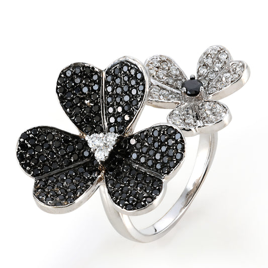 Black and White Clover Diamond Ring in 14K White Gold