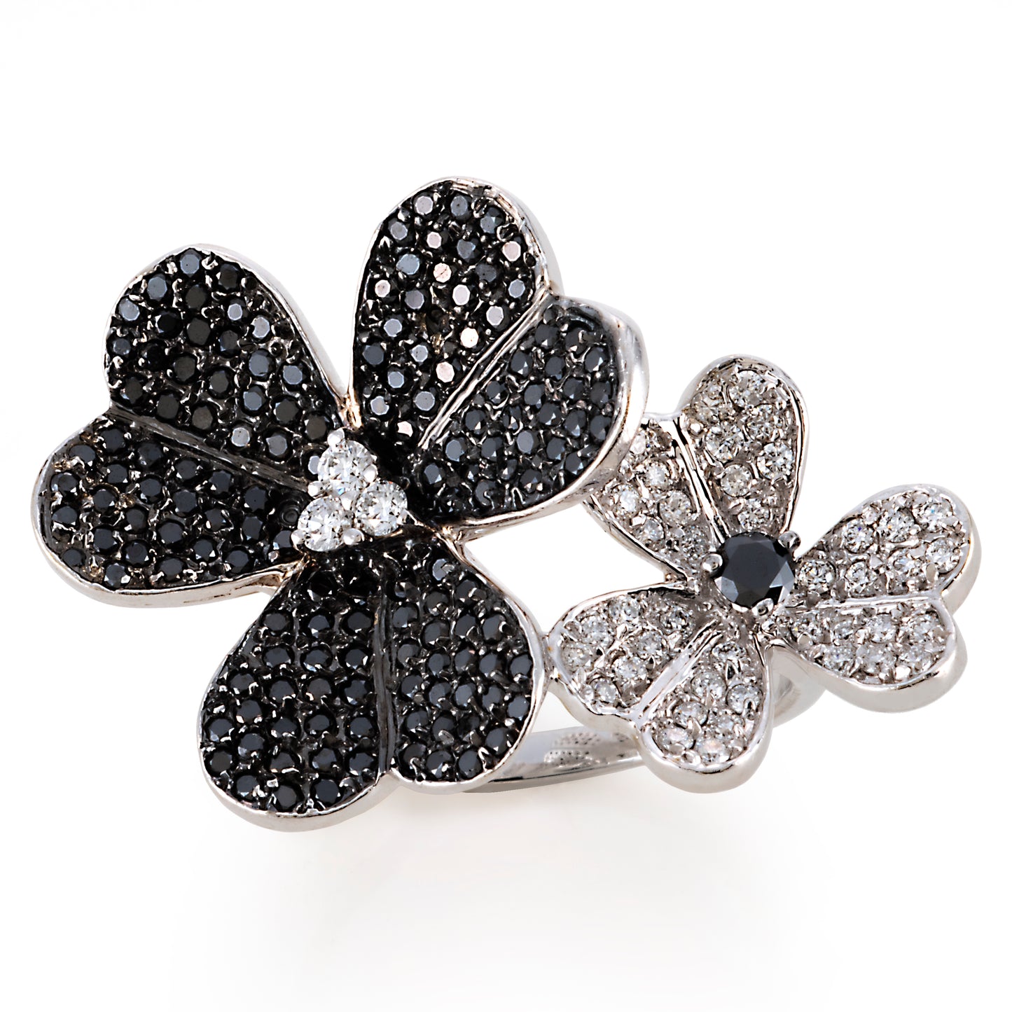 Black and White Clover Diamond Ring in 14K White Gold